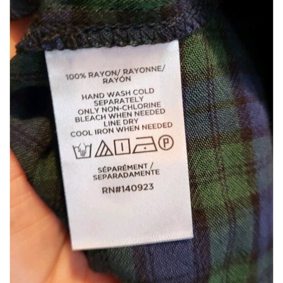 New Blue Green Plaid Lightweight Long Puff Sleeve Relaxed Fit Top Sz L - Picture 8 of 8